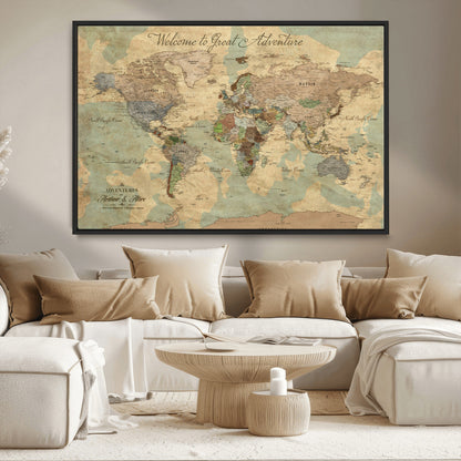 17693651-MGV-CV-36X24-Custom Push Pin World Map Wall Canvas Print – Personalized Travel Tracker with Pins – Framed Custom Quotie Canvas for Home Office Decor Art Print
