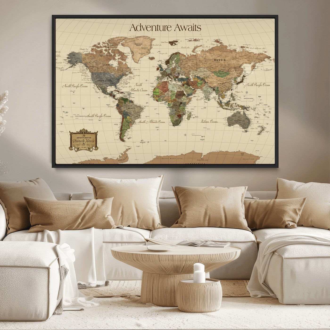 74480507-MGV-CV-36X24-Custom Push Pin World Map Wall Canvas Print – Personalized Travel Tracker with Pins – Framed Custom Quotie Canvas for Home Office Decoration