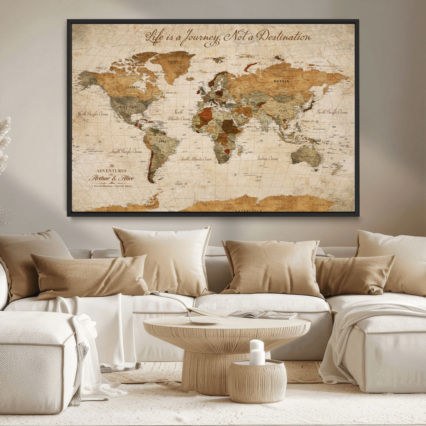 79036691-MGV-CV-30X20-Custom Push Pin World Map Wall Canvas Print – Personalized Travel Tracker with Pins – Framed Custom Quotie Canvas for Home Office Decor