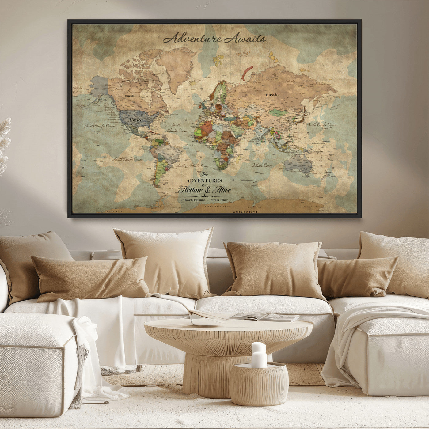 60798273-MGV-CV-30X20-Custom Push Pin World Map Wall Canvas Print – Personalized Travel Tracker with Pins – Framed Custom Quotie Canvas for Home Office Decor