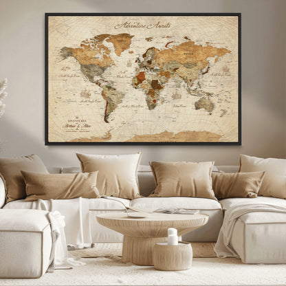 64295326-MGV-CV-30X20-Custom Push Pin World Map Wall Canvas Print – Personalized Travel Tracker with Pins – Framed Custom Quotie Canvas for Home Office Decor