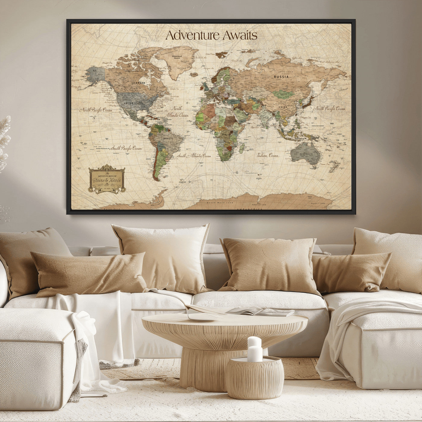 33020399-MGV-CV-30X20-Custom Push Pin World Map Wall Canvas Print – Personalized Travel Tracker with Pins – Framed Custom Quotie Canvas for Home Office Decor