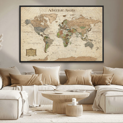 33020399-MGV-CV-30X20-Custom Push Pin World Map Wall Canvas Print – Personalized Travel Tracker with Pins – Framed Custom Quotie Canvas for Home Office Decor