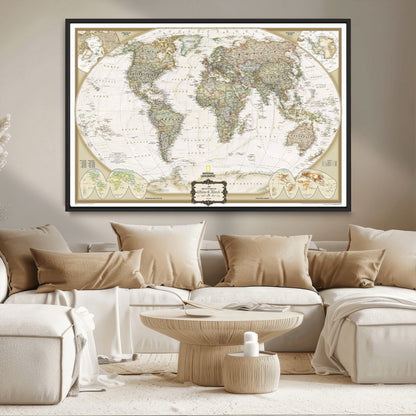 Custom Push Pin World Map Wall Art Canvas Print – Personalized National Geopraphic Map for Travel Plan – Framed Customize Animal Map for Stady Room Decor
