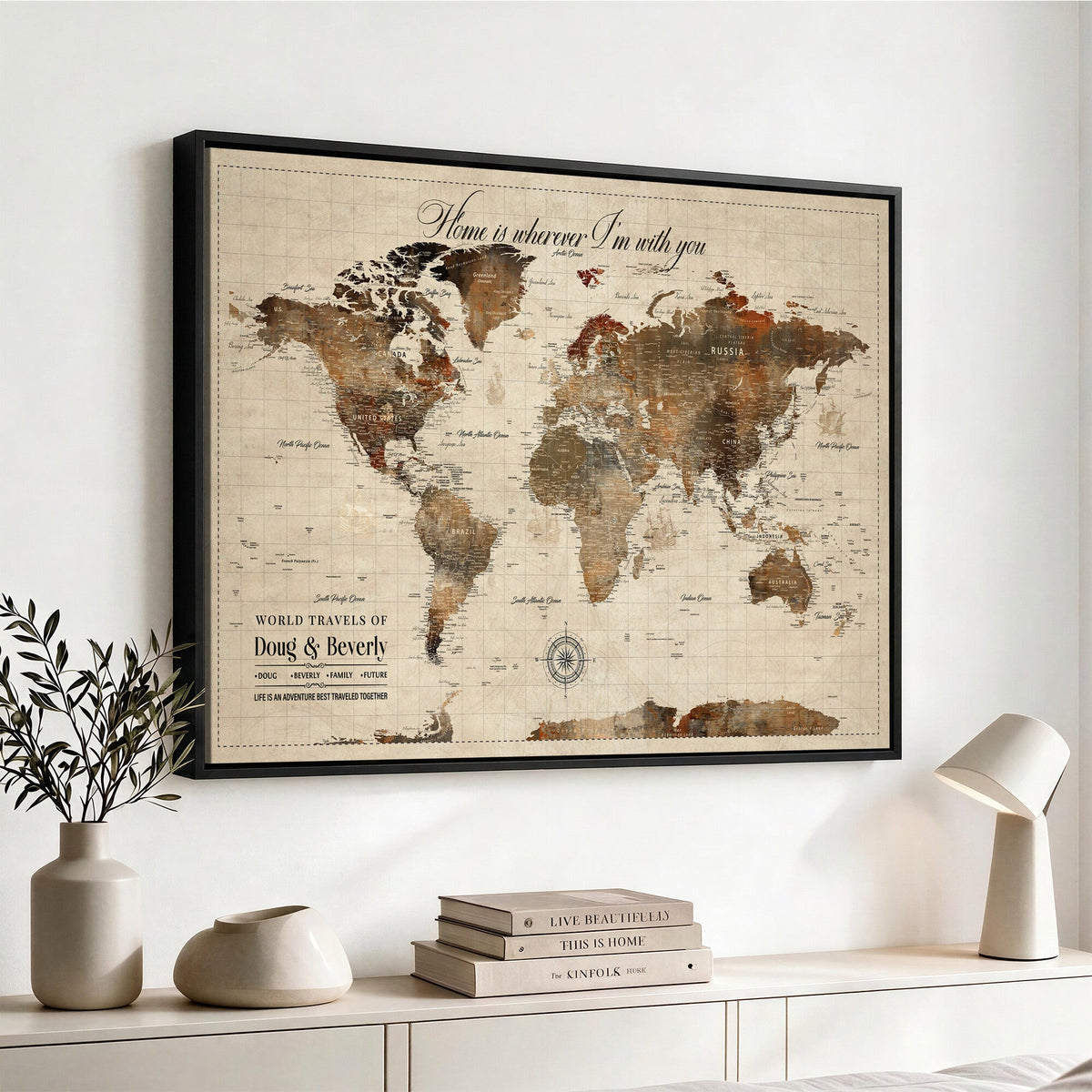 Large Custom Framed Beige Vintage World Travel Map Wall Art with Pins, Couples Countries Visited Map, Living Room and Hallway Decor