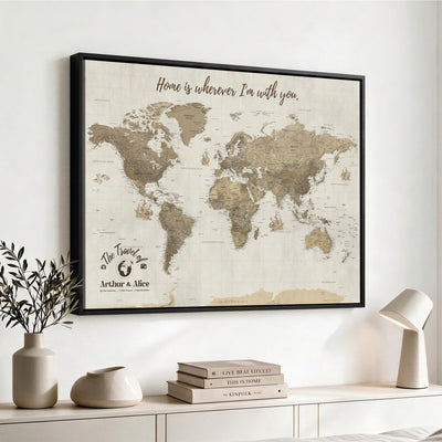 Custom Beige Geometric World Map Canvas with Push Pins, Honeymoon and Anniversary Gift, Dining Room and Hallway Decor