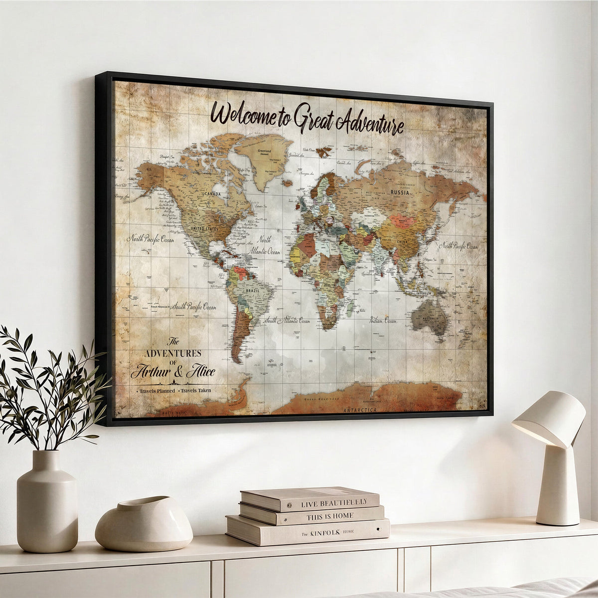 Personalized Beige Push Pin World Map Wall Art, Bucket List Map, Living Room and Family Room Decor