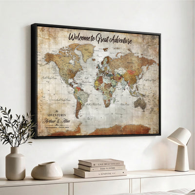 Personalized Beige Push Pin World Map Wall Art, Bucket List Map, Living Room and Family Room Decor