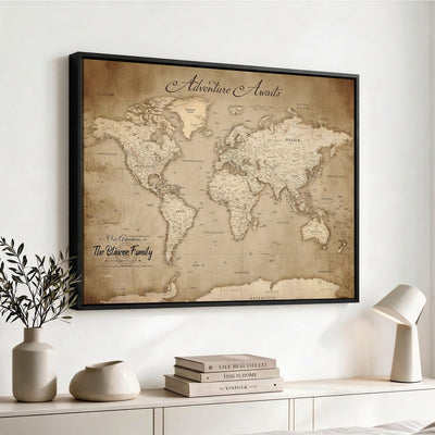 Personalized Black Modern Push Pin World Map Wall Art, Places Visited Tracker, Family Room and Bedroom Decor
