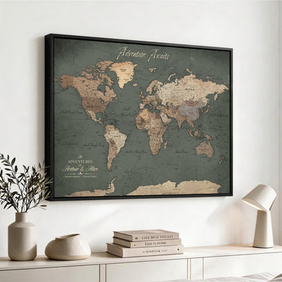 Personalized Framed Beige Modern World Map Canvas with Push Pins, Bucket List Map, Family Room and Dining Room Decor