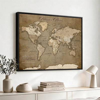 Custom Beige Modern Push Pin World Map Canvas Print, Family Travel Tracker, Dining Room and Home Office Decor