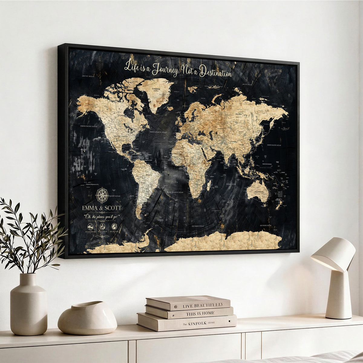 Personalized Framed Navy Modern Push Pin World Map Canvas Print, Couples Countries Visited Map, Family Room and Study Decor
