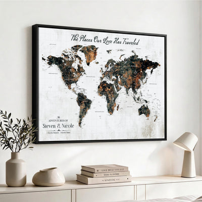 Personalized Beige Push Pin World Map Canvas Print, Honeymoon and Anniversary Gift, Living Room and Dining Room Decor