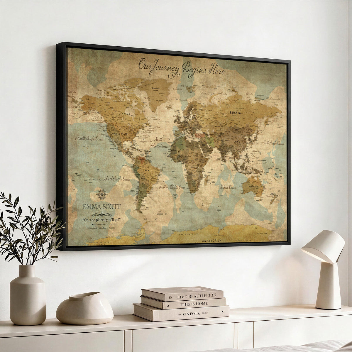 Personalized Navy Push Pin Travel Map Canvas Print, Couples Countries Visited Map, Living Room and Dining Room Decor