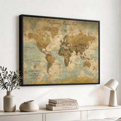 Personalized Navy Push Pin Travel Map Canvas Print, Couples Countries Visited Map, Living Room and Dining Room Decor