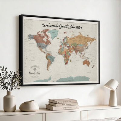 Custom Beige Push Pin World Map Canvas Print, Bucket List Map, Dining Room and Home Office Decor