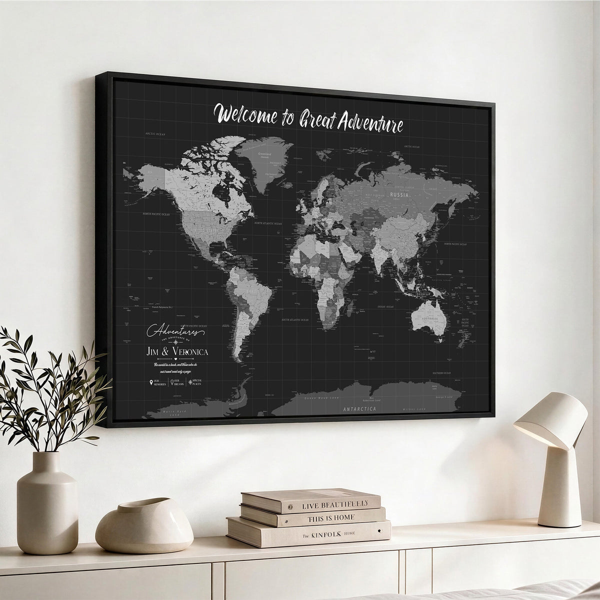Custom Framed Navy Vintage World Map Canvas with Push Pins, Next Trip Planner Map, Entryway and Hallway Decor