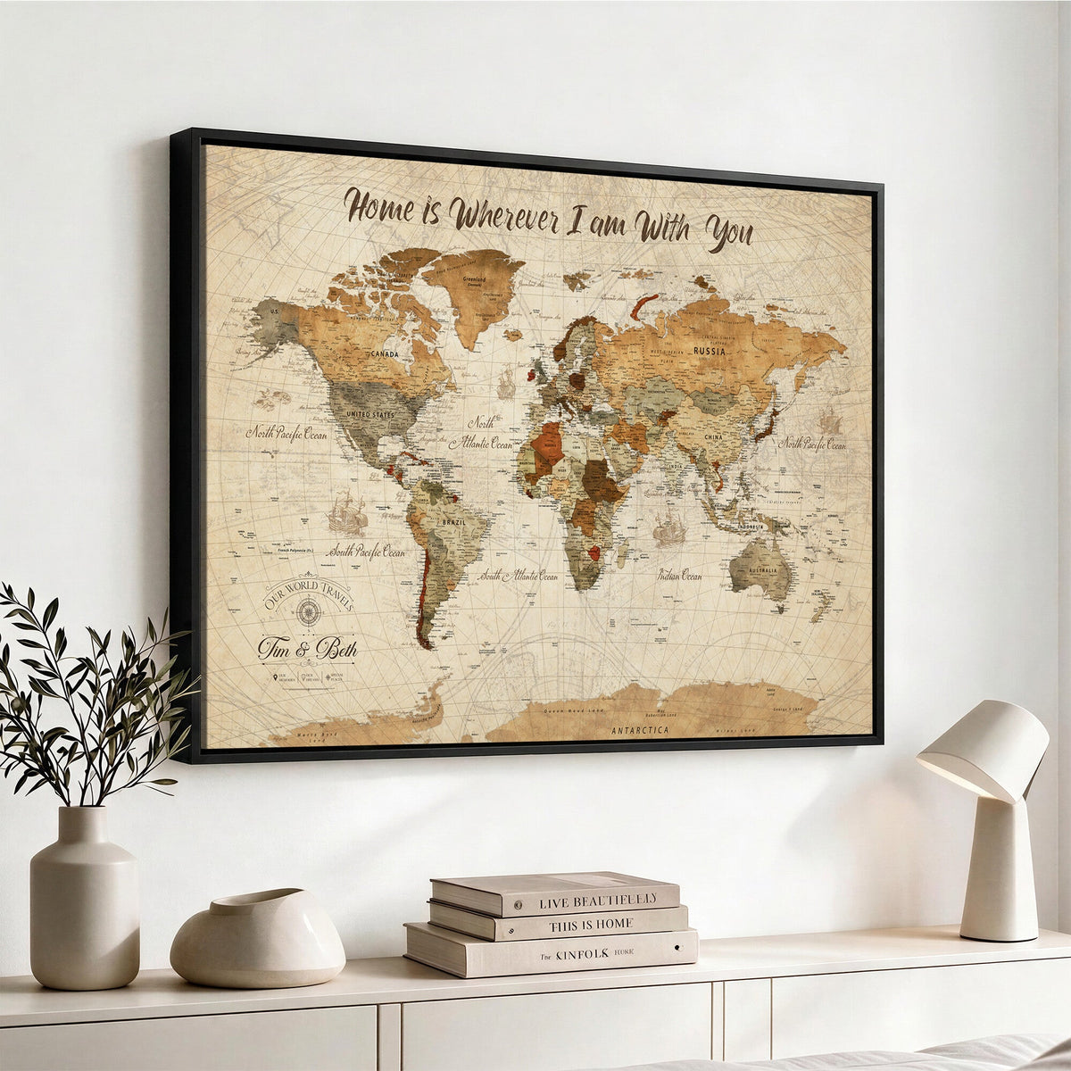 Personalized Framed Black Modern Push Pin World Map Wall Art, Couples Countries Visited Map, Dining Room and Hallway Decor