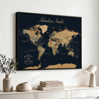 45739634-MGV-CV-36X24 - Custom Push Pin World Map Wall Art Canvas Print | Personalized Travel Tracker with Pins Framed Large for Home and Office Decor