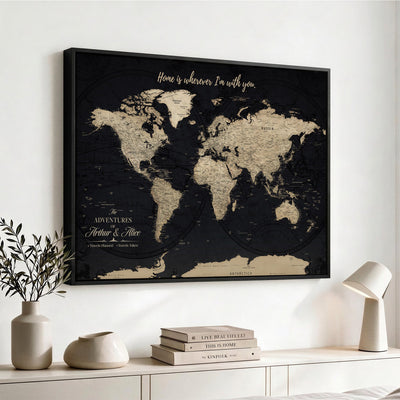 Personalized Framed Beige Modern Push Pin World Map Canvas Print, Places Visited Tracker, Family Room and Bedroom Decor