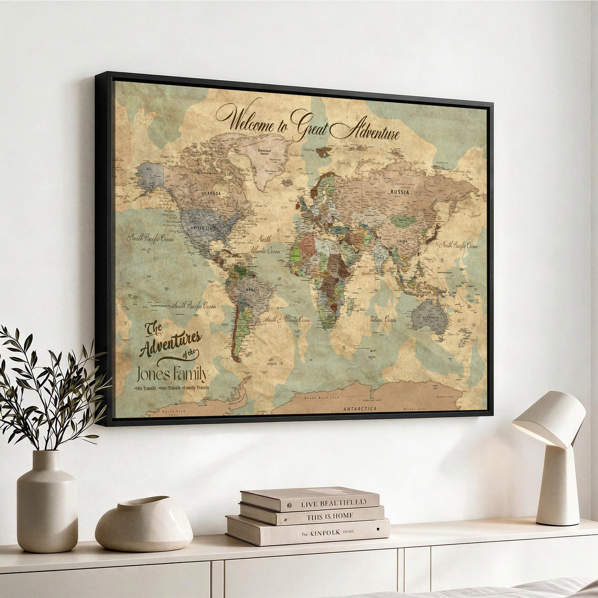 Personalized Framed Navy Vintage Push Pin World Map Wall Art, Places Visited Tracker, Bedroom and Hallway Decor