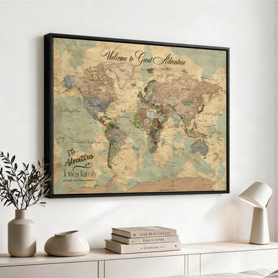 Personalized Framed Navy Vintage Push Pin World Map Wall Art, Places Visited Tracker, Bedroom and Hallway Decor