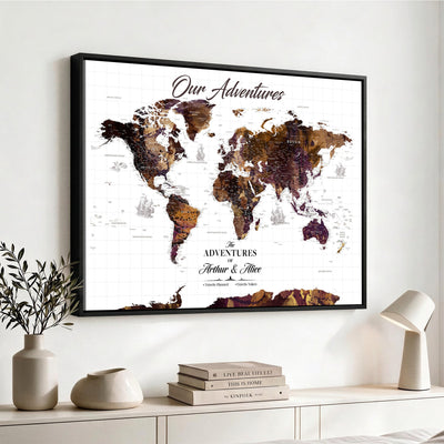 Personalized Framed Beige Vintage Push Pin Travel Map Canvas Print, Next Trip Planner Map, Home Office and Entryway Decor