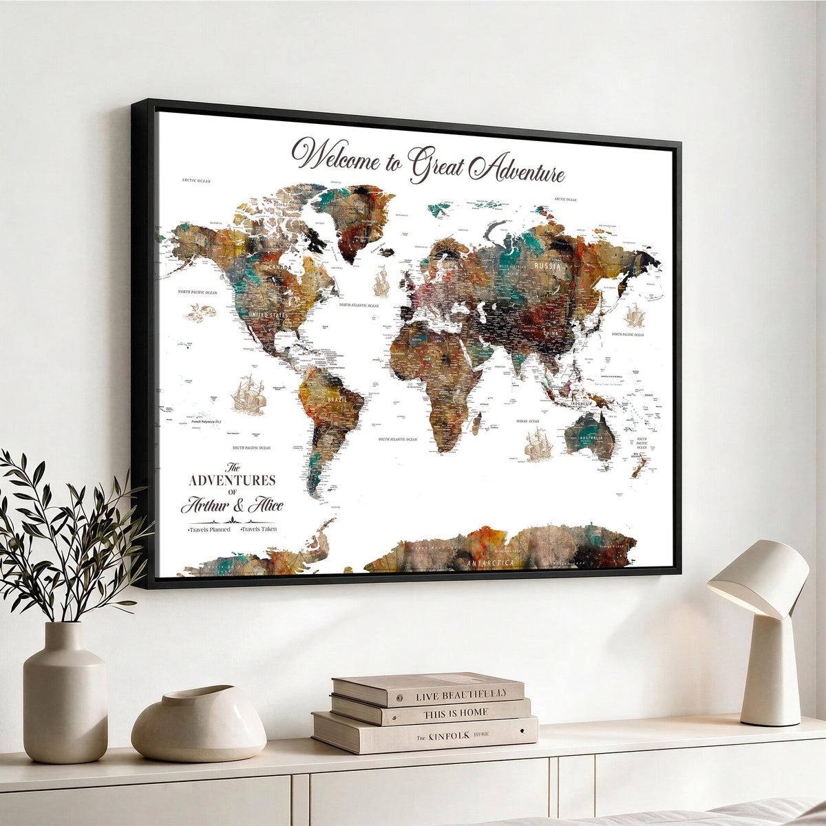 Custom Framed Beige Modern Push Pin World Map Wall Art, Couples Countries Visited Map, Study and Entryway Decor