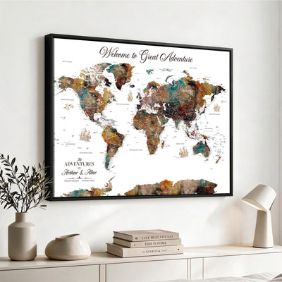 Custom Framed Beige Modern Push Pin World Map Wall Art, Couples Countries Visited Map, Study and Entryway Decor