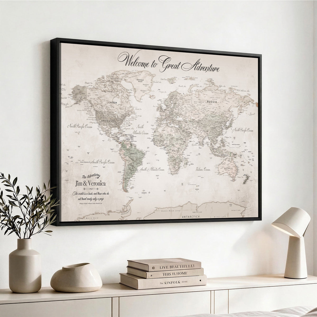 84311132-MGV-CV-36X24 - Personalized Beige World Map Canvas with Push Pins, Places Visited Tracker, Family Room and Entryway Decor
