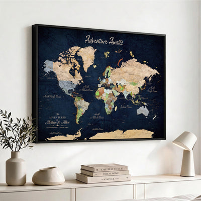 Personalized Beige Antique Push Pin Travel Map Canvas Print, Bucket List Map, Dining Room and Entryway Decor