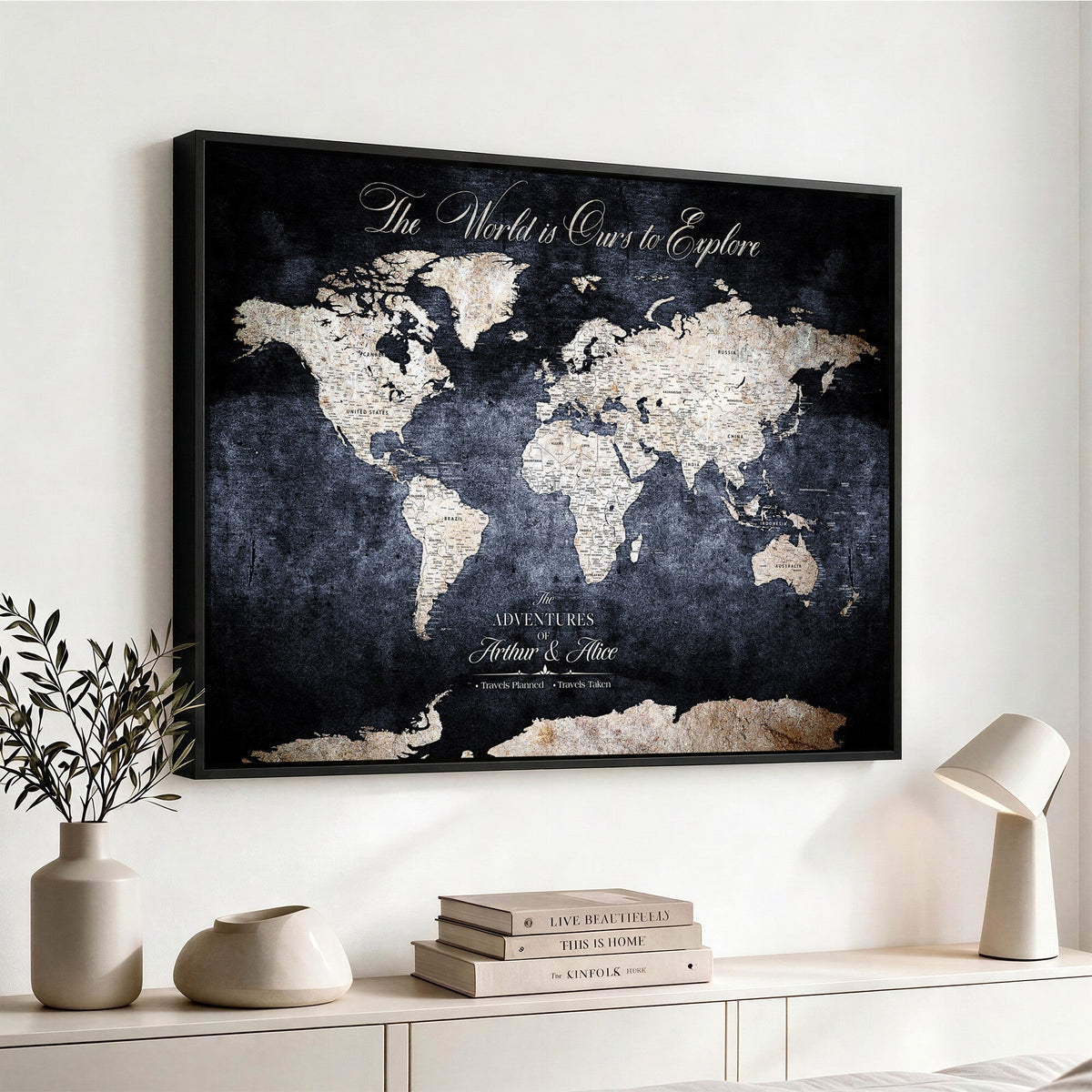 Personalized Beige Modern Push Pin Travel Map Canvas Print, Places Visited Tracker, Study and Entryway Decor