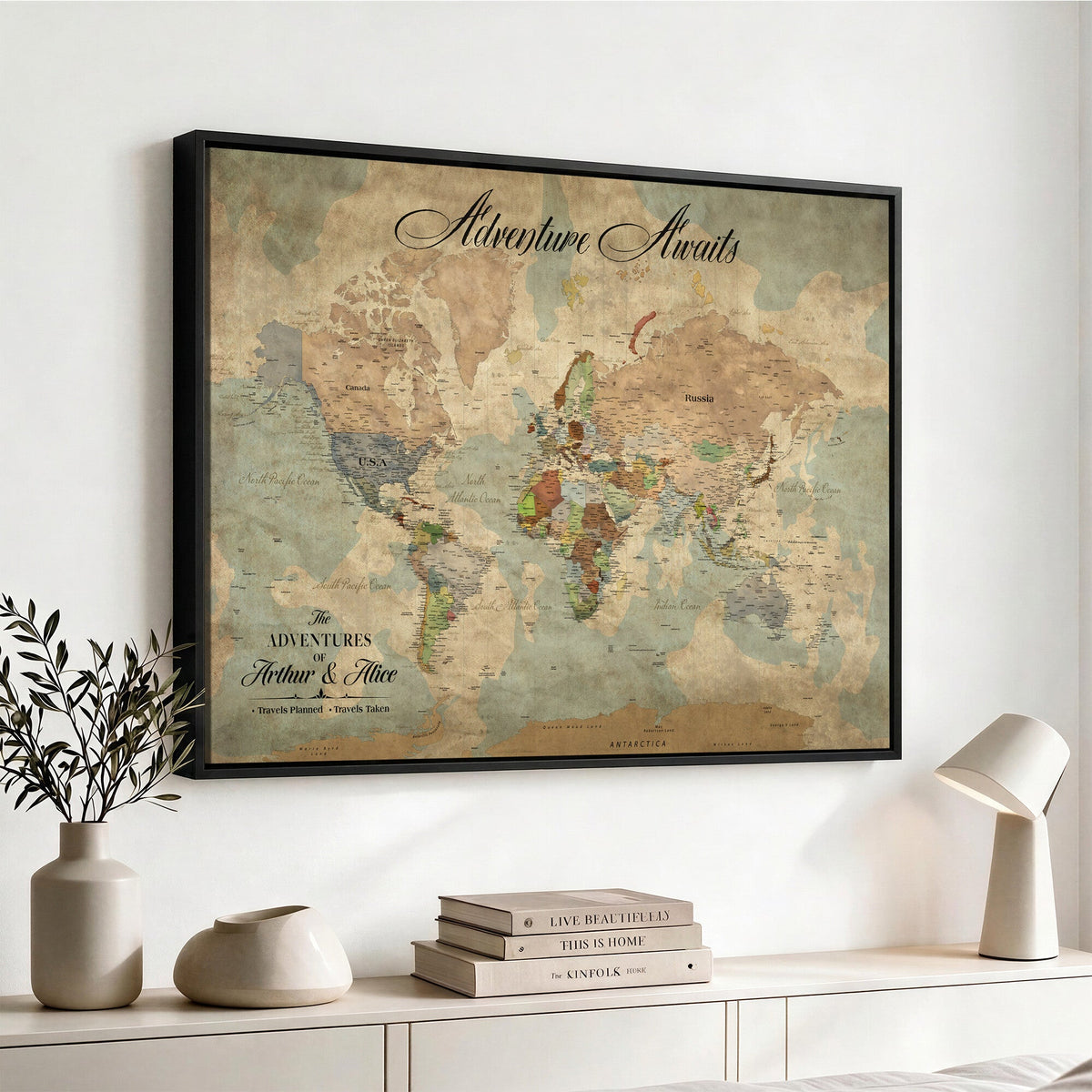Custom Beige World Travel Map Wall Art with Pins, Bucket List Map, Dining Room and Study Decor