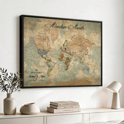 Custom Beige World Travel Map Wall Art with Pins, Bucket List Map, Dining Room and Study Decor
