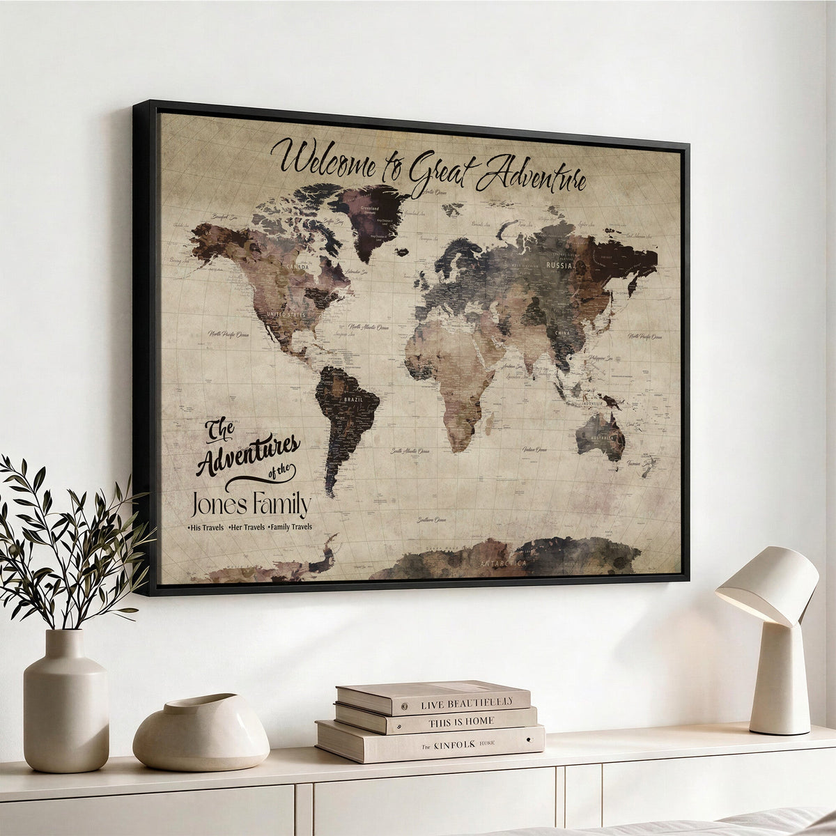 Custom Beige Modern Push Pin World Map Wall Art, Honeymoon and Anniversary Gift, Dining Room and Study Decor