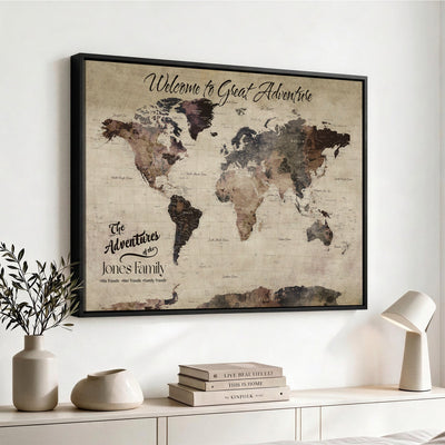 Custom Beige Modern Push Pin World Map Wall Art, Honeymoon and Anniversary Gift, Dining Room and Study Decor