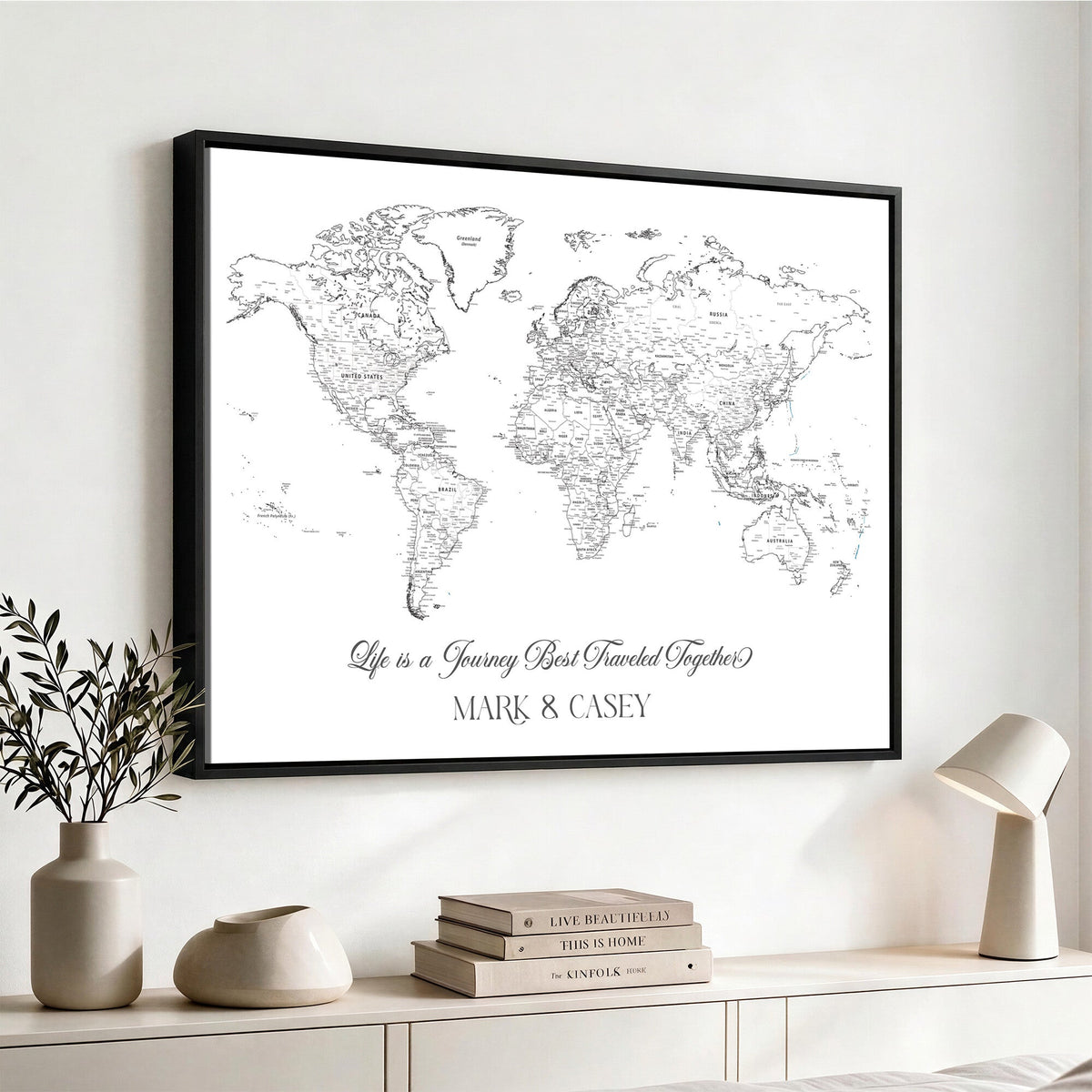 Personalized Framed Beige Modern Push Pin Travel Map Canvas Print, Couples Countries Visited Map, Living Room and Family Room Decor