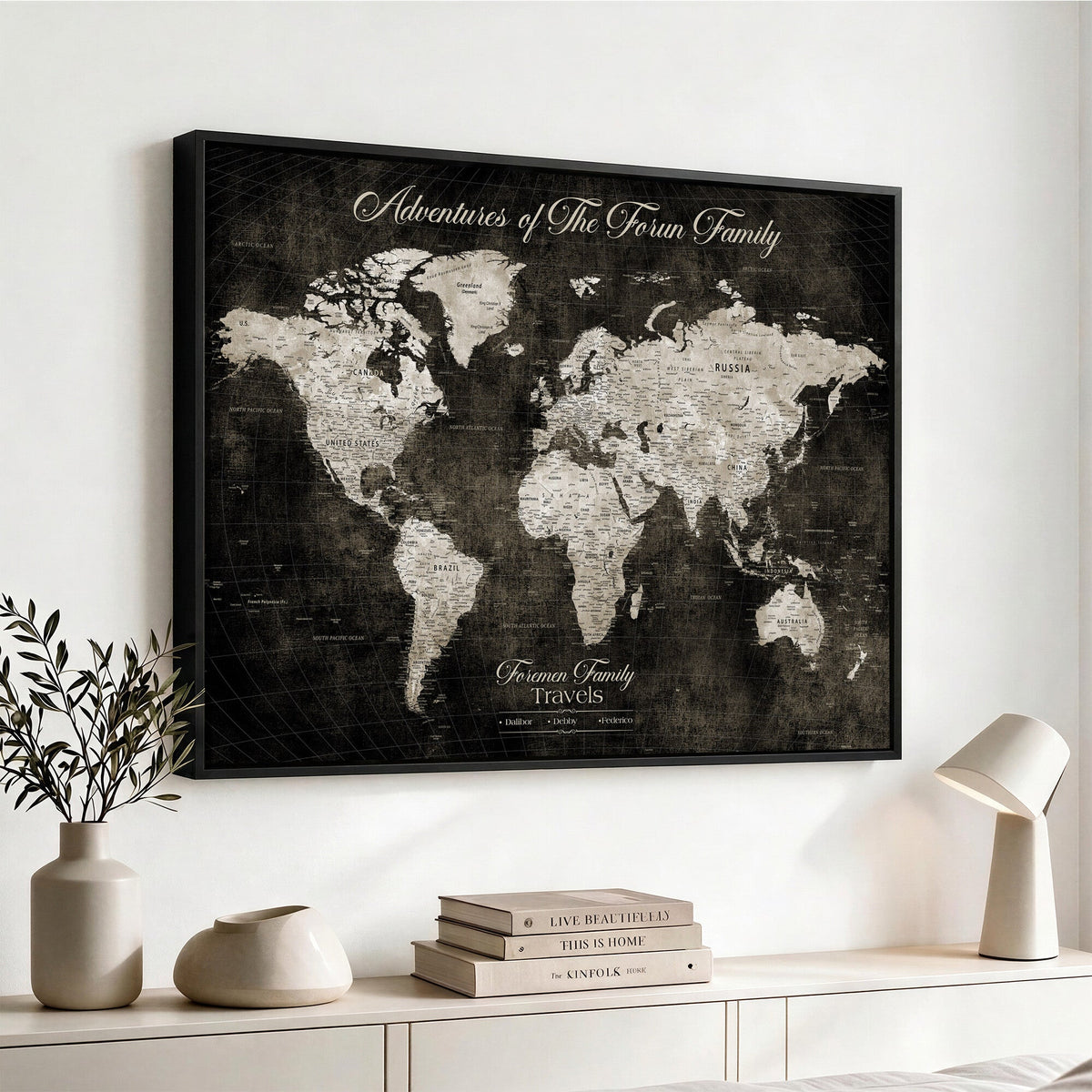 Personalized Framed Beige Push Pin World Map Canvas Print, Couples Countries Visited Map, Dining Room and Study Decor