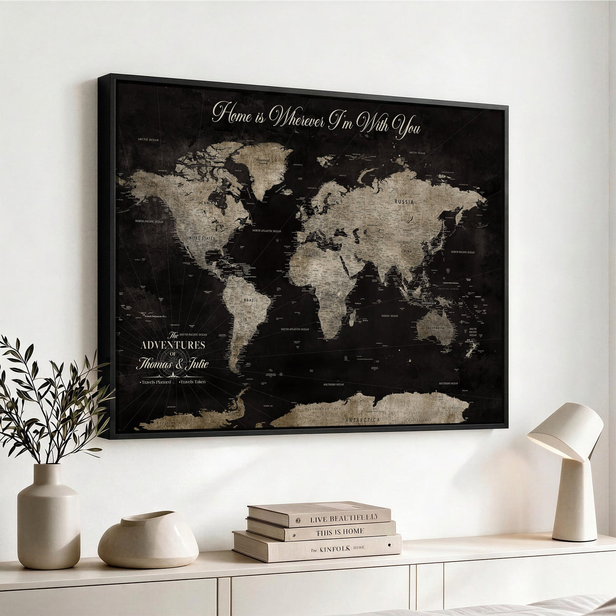 Personalized Framed Black Geometric World Map Canvas with Push Pins, Bucket List Map, Living Room and Dining Room Decor