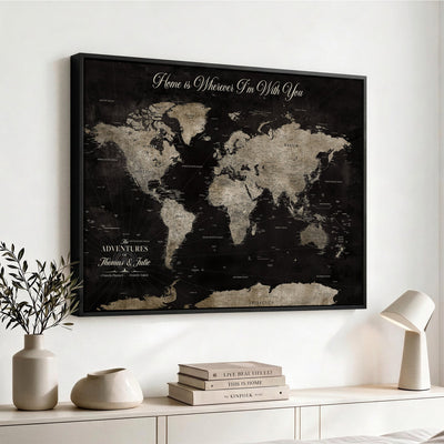 Personalized Framed Black Geometric World Map Canvas with Push Pins, Bucket List Map, Living Room and Dining Room Decor