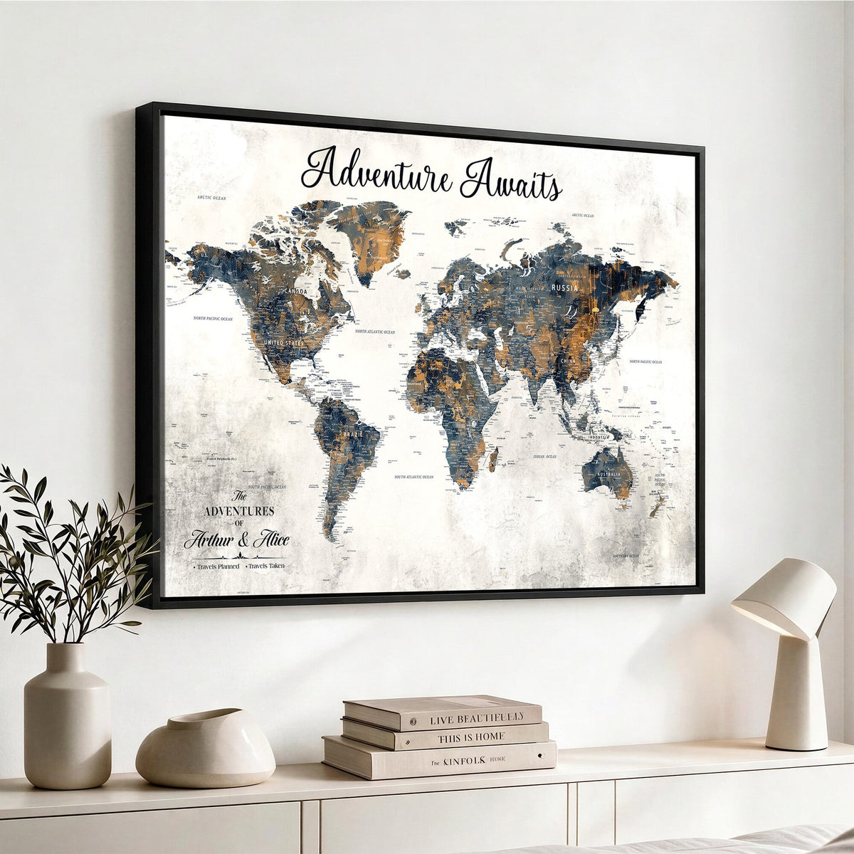 Custom Framed Beige Geometric World Travel Map Wall Art with Pins, Places Visited Tracker, Family Room and Home Office Decor