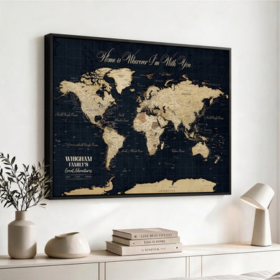 Personalized Framed Beige Geometric Push Pin World Map Wall Art, Couples Countries Visited Map, Bedroom and Hallway Decor