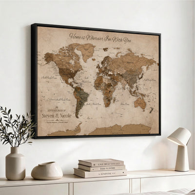 Personalized Framed Beige World Map Canvas with Push Pins, Honeymoon and Anniversary Gift, Living Room and Hallway Decor