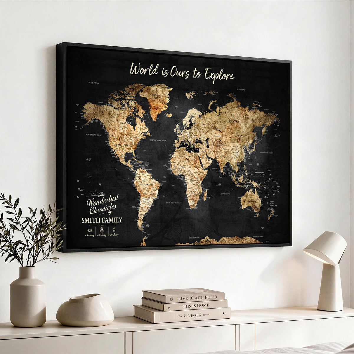 73732636-MGV-CV-36X24 - Custom Push Pin World Map Wall Art Canvas Print | Personalized Travel Tracker with Pins Framed Large for Home and Office Decor