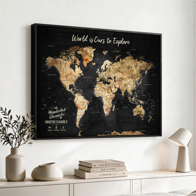 73732636-MGV-CV-36X24 - Custom Push Pin World Map Wall Art Canvas Print | Personalized Travel Tracker with Pins Framed Large for Home and Office Decor