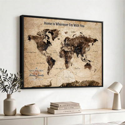 Personalized Framed Beige Modern World Travel Map Wall Art with Pins, Family Adventure Map, Living Room and Hallway Decor