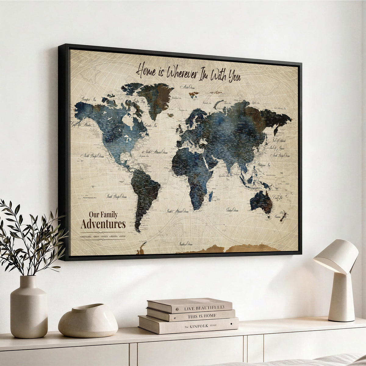 Personalized Framed Black Modern Push Pin Travel Map Canvas Print, Family Travel Tracker, Home Office and Entryway Decor