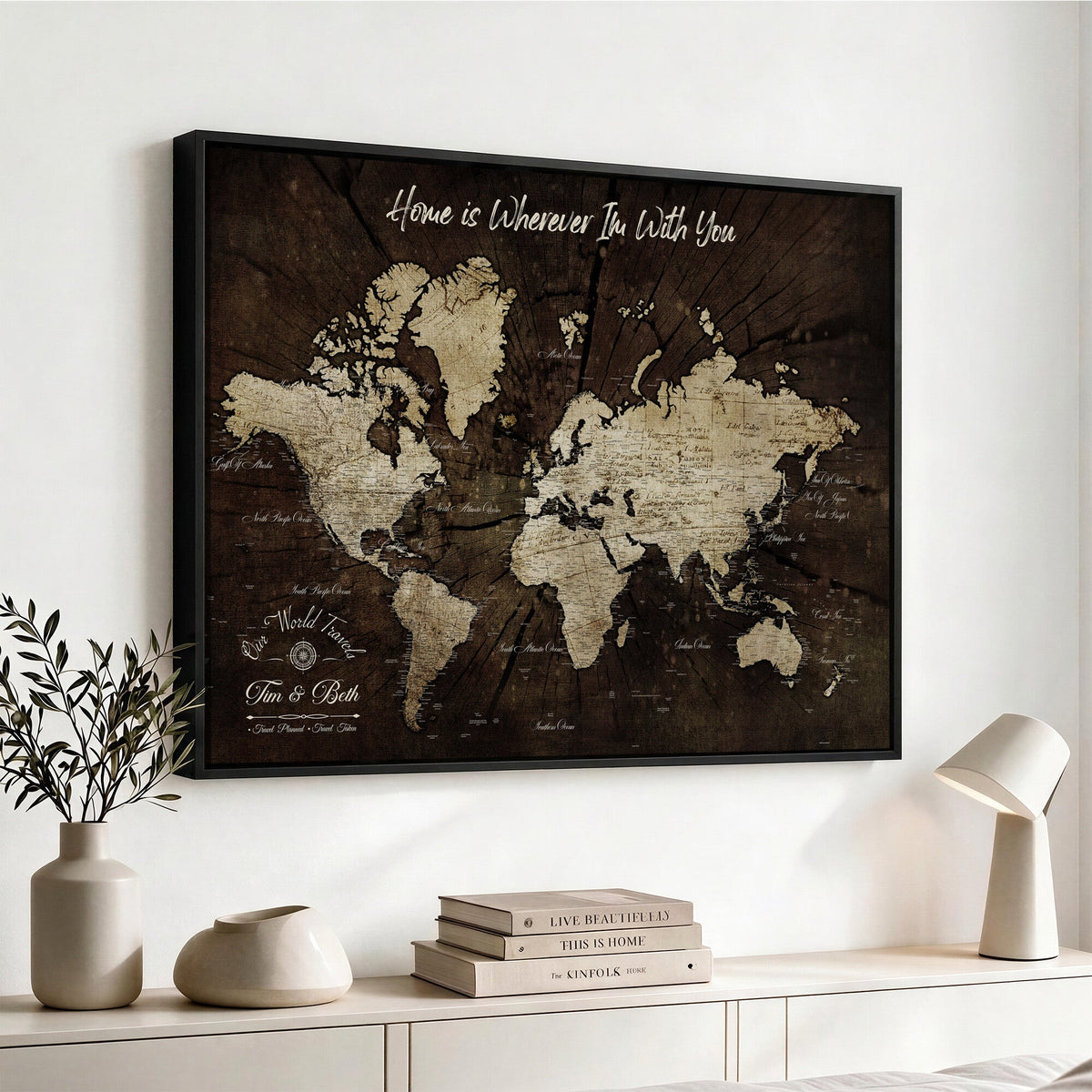 Personalized Watercolor Push Pin World Map Canvas Wall Art, Custom Framed Travel Map - NEWMAP-094
