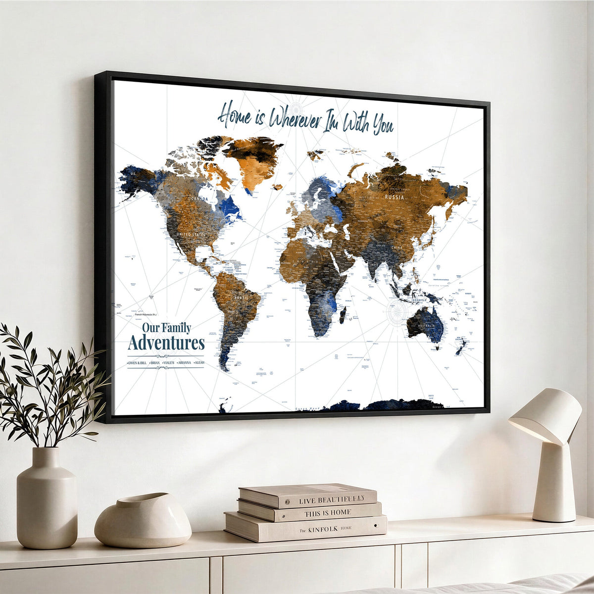 Personalized Framed Beige Modern Push Pin World Map Wall Art, Next Trip Planner Map, Family Room and Home Office Decor