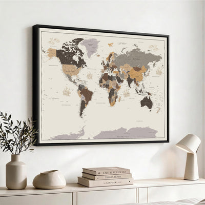 58777746-MGV-CV-36X24 - Custom Beige Modern Push Pin World Map Canvas Print, Places Visited Tracker, Bedroom and Study Decor